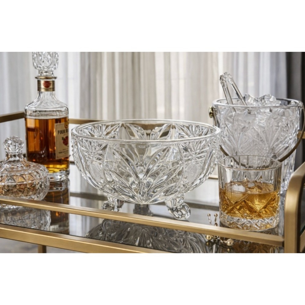 CRYSTAL Vingate Glass Oval Dish With 4 Feet and etched pinwheel floral design